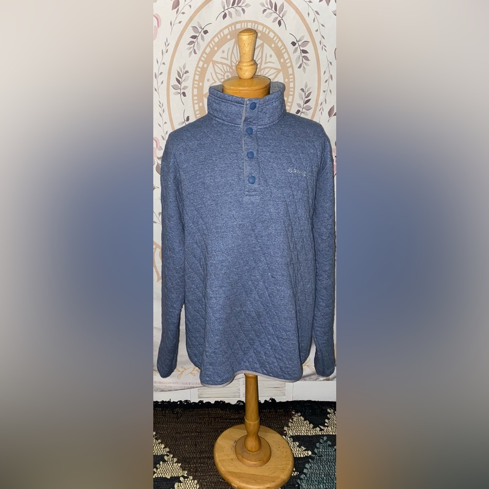 Orvis blue quilted 1/4 snap sweatshirt, extra large, cabincore, grandpacore